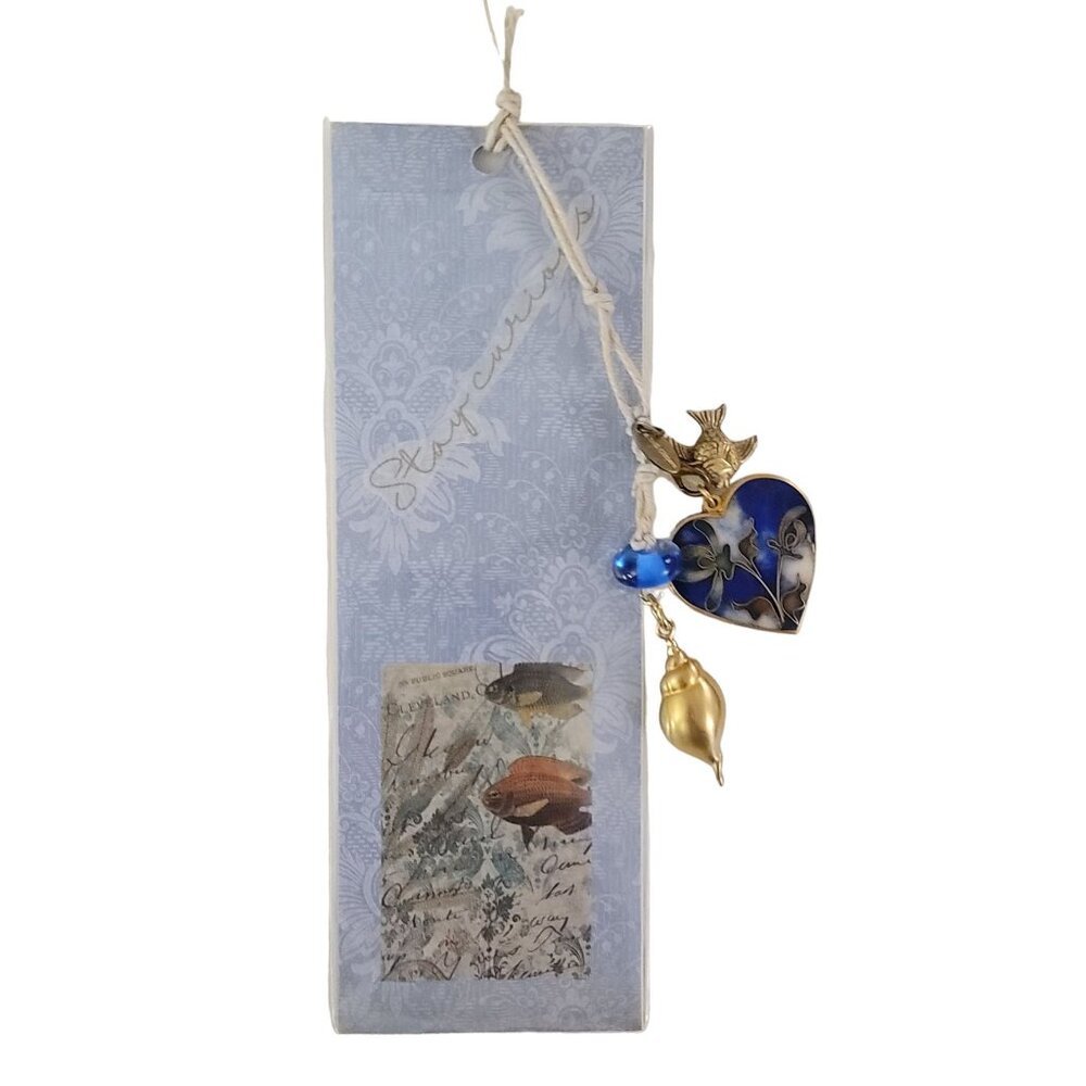 Hand-crafted Stay Curious Bookmark W/ Cloissone Heart  Fish Sea Shell Dangle B14